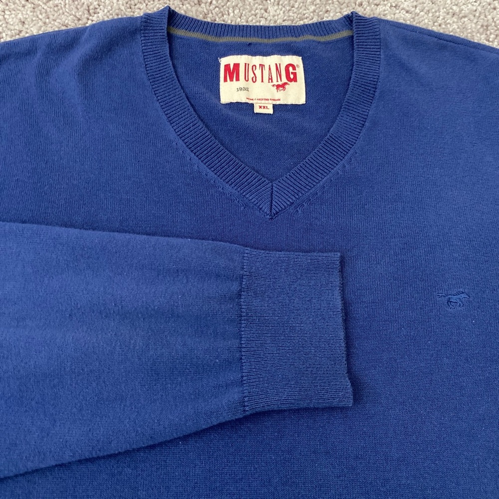 Mustang Mens V Neck Knit Blue Pullover Sweater XXL